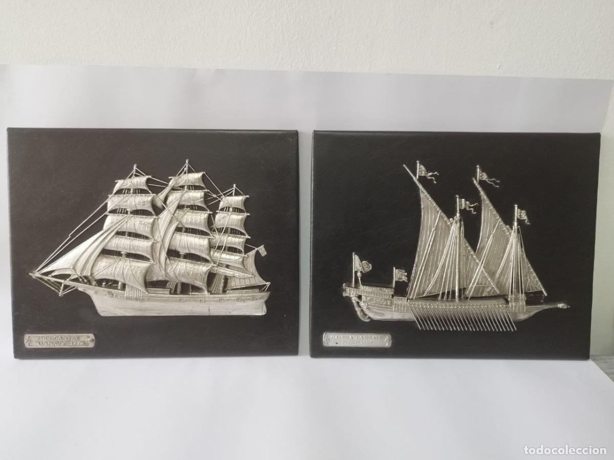 Antig&uuml;edades: Pareja cuadros barcos en relieve &ndash; Galera La Reale Francia 1680 y Bergant&iacute;n US Navy 1778