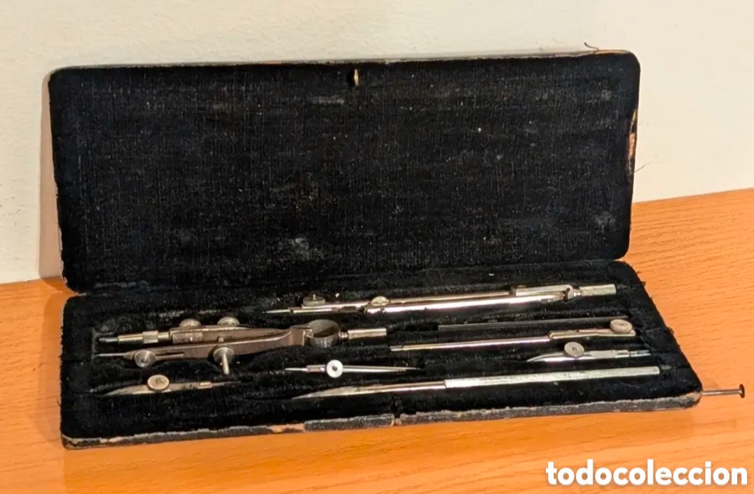 Antiguidades: ANTIGUO JUEGO DE COMPASES COMPLETO CON SU ESTUCHE ORIGINAL