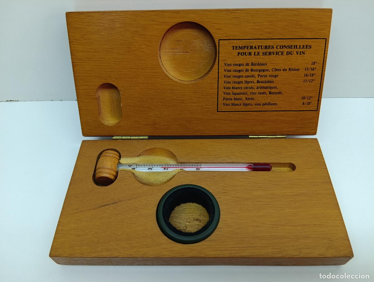 Antig&uuml;edades: Set de sumiller vintage: Term&oacute;metro para vino L'Esprit & Le Vin con estuche de madera y anillo antig