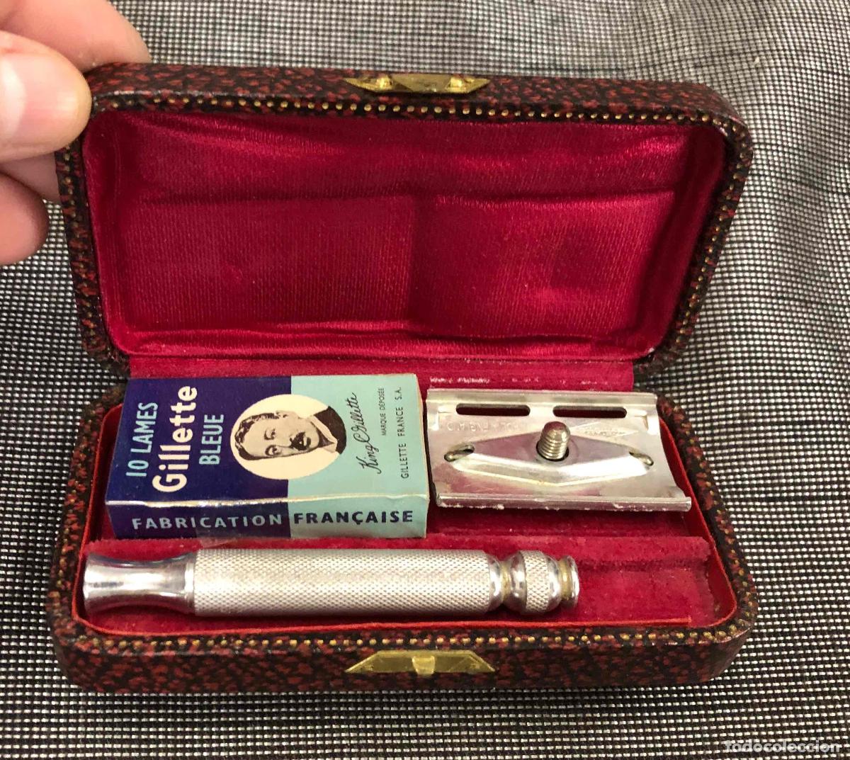 Antig&uuml;edades: ESTUCHE BARBERIA MAQUINILLA AFEITAR GILLETE, MADE IN ENGLAND. CON CAJA DE CUCHILLAS GILLETE BLEUE