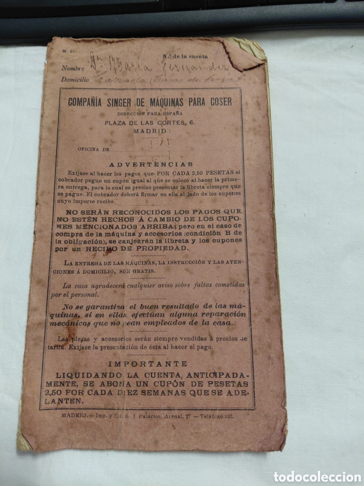 Antiguidades: M&Aacute;QUINAS SINGER - CONTRATO DE ALQUILER - A&Ntilde;O 1916 - LA CALZADA GIJON - CON LOS CUPONES DE PAGO