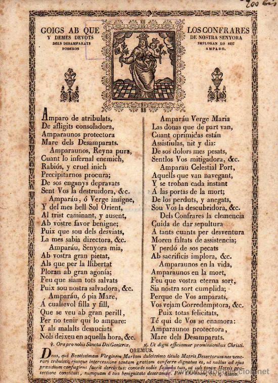 Antiquit&eacute;s: GOIG AB QUE LOS CONFRARES Y DEMES DEVOTS DE NTRA. SRA.  DELS DESAMPARATS , GERONA S.XIX