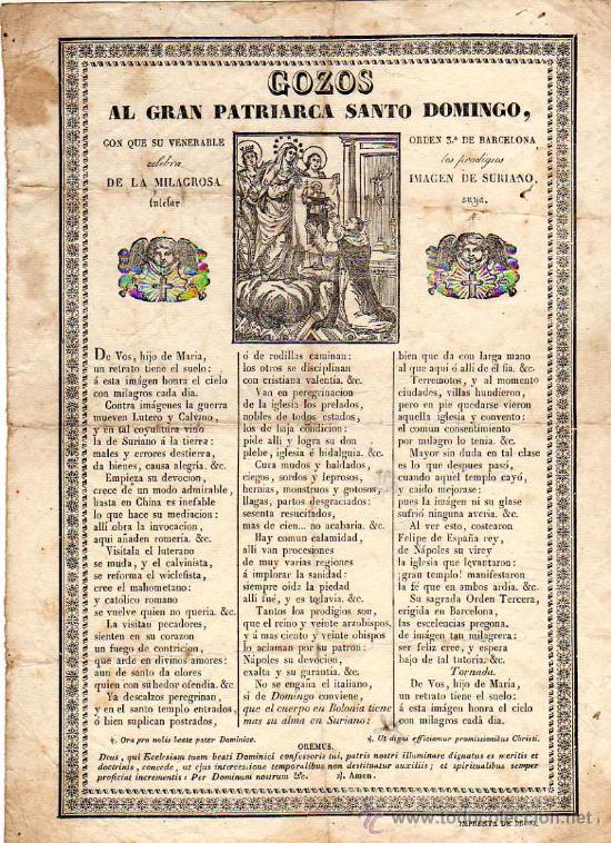 Antiques: GOZOS AL PATRIARCA SANTO DOMINGO , VENERA EN BARCELONA, S.XIX , IMP. BRUSI
