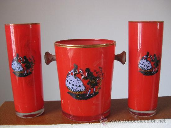 Antiguidades: COSTELERA Y DOS VASOS DE TUBO DECORADOS EN ROJO A&Ntilde;OS 50-60