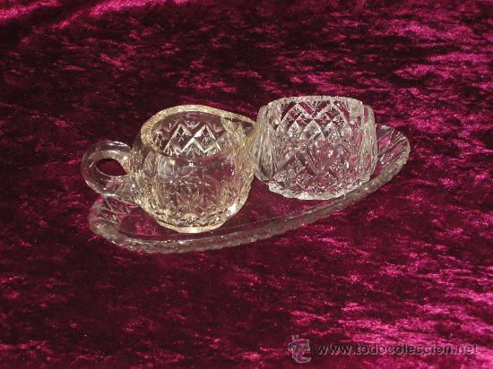 Oggetti Antichi: set DE CRISTAL TALLADO COMPUESTO DE BANDEJA JARRITA Y BOL
