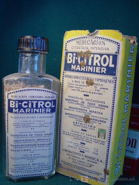 BI-CITROL MARINIER - LABORATORIO BOIZOT . MADRID - REG. SANIDAD 1933 - FRASCO Y CAJA DE FARMACIA - (Antigüedades - Cristal y Vidrio - Farmacia )