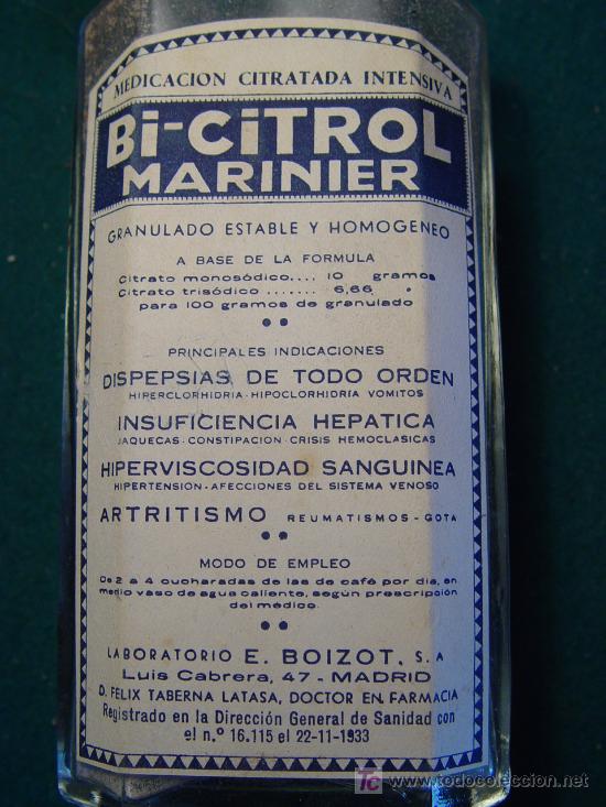 Antigüedades: BI-CITROL MARINIER - LABORATORIO BOIZOT . MADRID - REG. SANIDAD 1933 - FRASCO Y CAJA DE FARMACIA - - Foto 4 - 27598115
