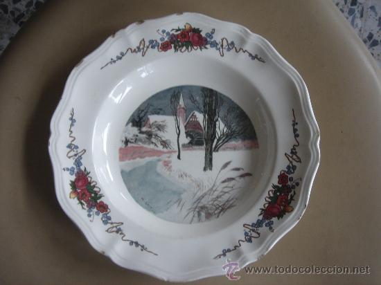 Antig&uuml;edades: ANTIGUO PLATO HONDO DE OBERNAI, SARREGUEMINES. FIRMADO. SELLO EN BASE. 25.3 CMS. DE DI&Aacute;METRO.