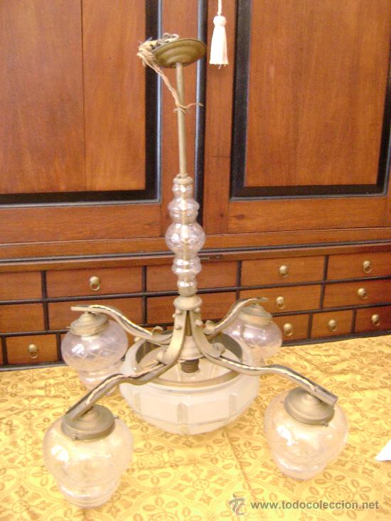 Antig&uuml;edades: LAMPARA EN CRISTAL Y METAL DE CINCO GLOBOS - Foto 1