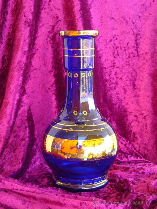Antiquit&auml;ten: JARRON DE CRISTAL AZUL Y ORO ALTO 29cm BOCA 4,5