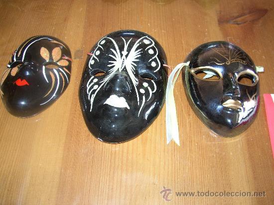Antiguidades: M&aacute;scaras Venecianas en cer&aacute;mica  decorada  15, 13 y 12 cms.