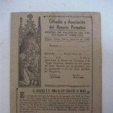 Antiguidades: FOLLETO COFRADIA Y ASOCIACION DEL ROSARIO PERPETUO, VALENCIA 1943 (DIPTICO, 12X17CM APROX). Lote 23592637