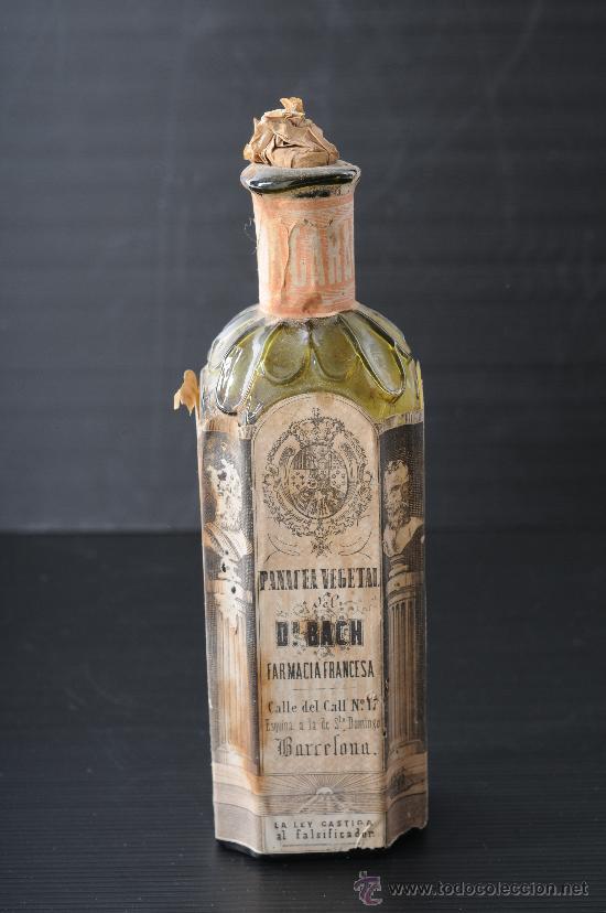 Oggetti Antichi: Botella de vidrio de farmacia Panacea Vegetal del Dr.Bach, Barcelona S.XIX