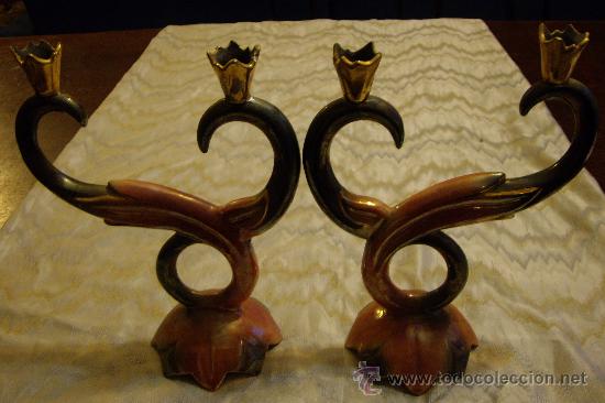 Antig&uuml;edades: DOS CANDELABROS DE CERAMICA- 30 CM - Foto 3