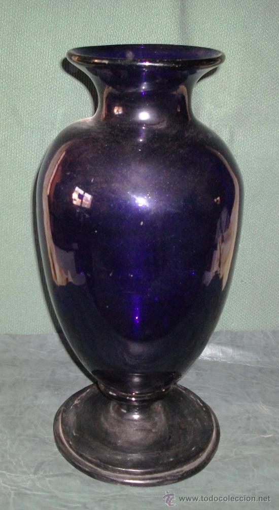 Antiques: Jarron Siglo XIX Cristal Azul Base M. Caoba Md.47x20 Cm.