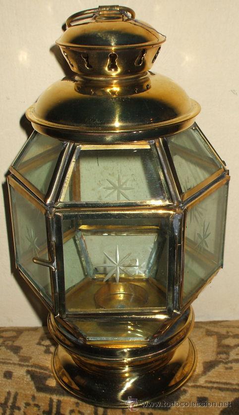 Antig&uuml;edades: LAMPARA DE LATON HEXAGONAL CON VENTANITAS TALLADAS - Foto 1