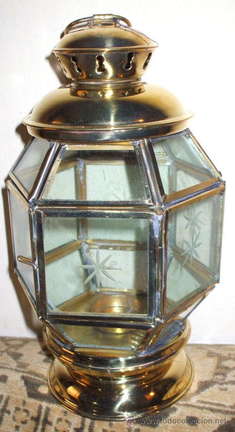 Antig&uuml;edades: LAMPARA DE LATON HEXAGONAL CON VENTANITAS TALLADAS - Foto 2