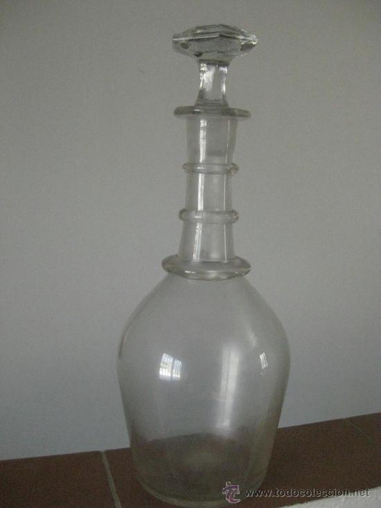Antig&uuml;edades: BOTELLA ANTIGUA PARA LICOR DE CRISTAL SOPLADO CON AROS EN EL CUELLO