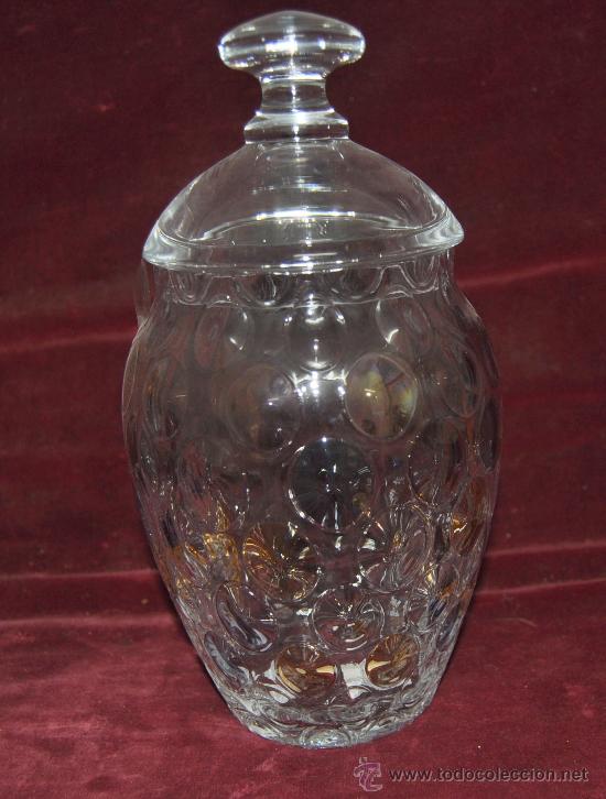 Antigüedades: Bonita bombonera de cristal ovalado y de diferentes tonos. De años 30s.
