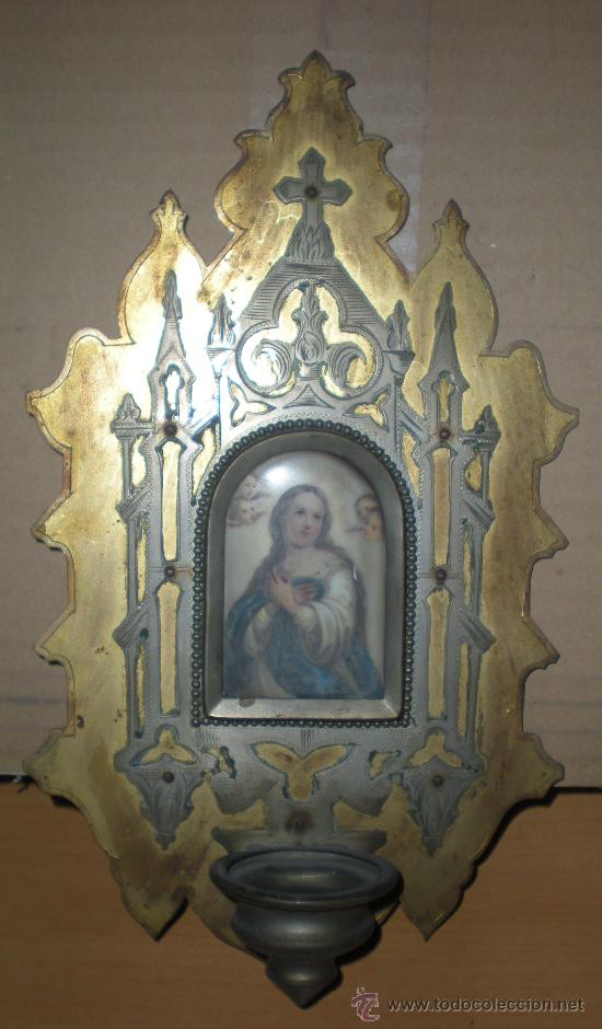 Antig&uuml;edades: BENDITERA bronce y plata con imagen virgen - Foto 1