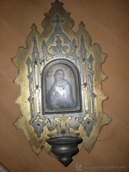 Antig&uuml;edades: BENDITERA bronce y plata con imagen virgen - Foto 2