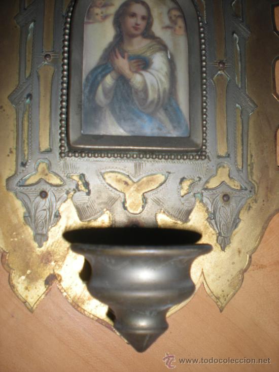 Antig&uuml;edades: BENDITERA bronce y plata con imagen virgen - Foto 3