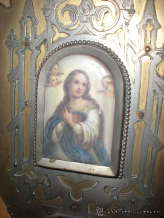 Antig&uuml;edades: BENDITERA bronce y plata con imagen virgen - Foto 4