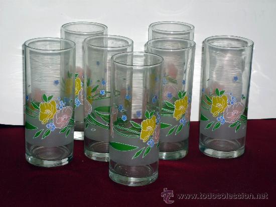 Oggetti Antichi: ANTIGUO JUEGO DE 7 VASOS ALTOS DECORADOS PARA REFRESCOS,MUY BONITOS