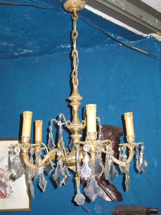 Antig&uuml;edades: Lampara de bronce de cinco brazos con cristal - Foto 1