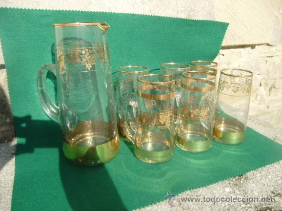 Antig&uuml;edades: CONJUNTO DE JARRA CRISTAL Y 6 VASOS CON ASA - Foto 1