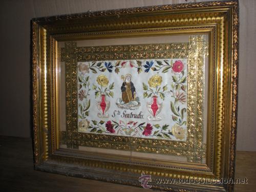 Antig&uuml;edades: CUADRO BORDADO ORO A LA VIRGEN GERTRUDIS - Foto 1