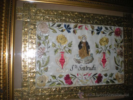 Antig&uuml;edades: CUADRO BORDADO ORO A LA VIRGEN GERTRUDIS - Foto 3