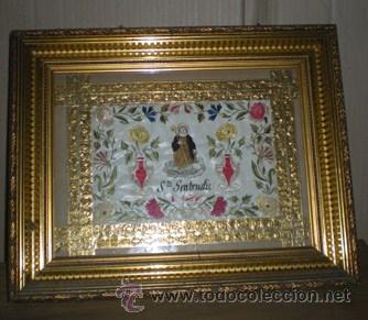 Antig&uuml;edades: CUADRO BORDADO ORO A LA VIRGEN GERTRUDIS - Foto 4
