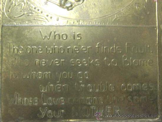 Antig&uuml;edades: Placa de metal. Dedicatoria a la madre - Foto 2