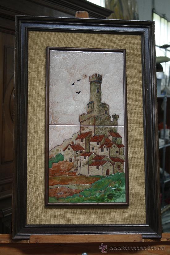 Antig&uuml;edades: PANEL DE AZULEJOS FIRMADOS CON MARCO DE MADERA. MEDIDAS CON MARCO: 47 X 72.