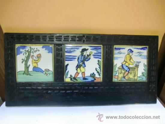 Antig&uuml;edades: 3 baldosas decoradas con payeses, enmarcadas en madera - Foto 1