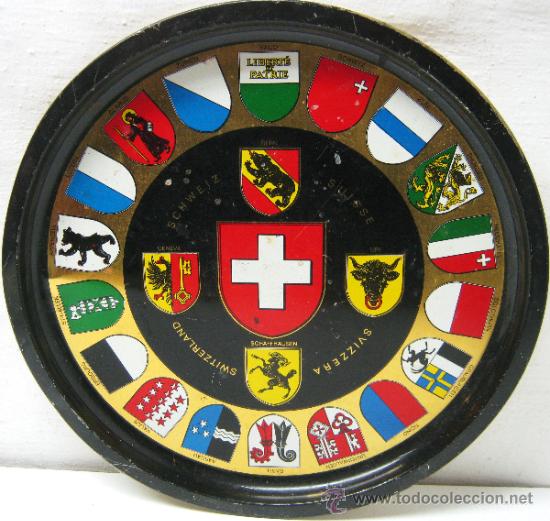 Antiquit&eacute;s: Vintage bandeja metal - Suiza con sus escudos - 28 cm.