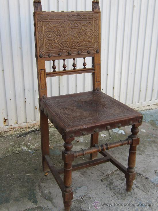 Antig&uuml;edades: SILLA EN NOGAL Y CUERO - Foto 1