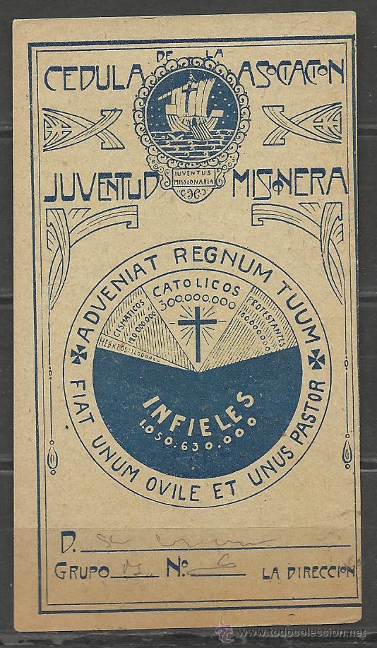 Antiquit&eacute;s: ANTIGUA CEDULA DE LA ASOCIACION JUVENTUD MISIONERA