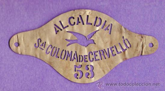 Antig&uuml;edades: antigua placa metal - sta coloma de cervello - alcaldia - n&ordm; 53 - troquelada - sin datos