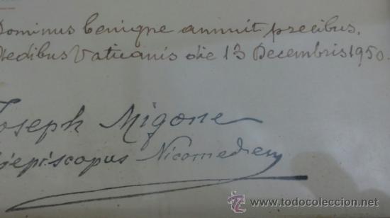 Antig&uuml;edades: BEATISIMO PADRE JOSEPH MINGONE DOCUMENTO 1950 ENMARCADO - Foto 6