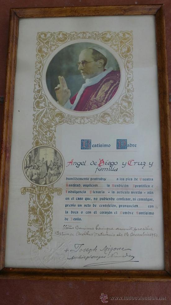 Antig&uuml;edades: BEATISIMO PADRE JOSEPH MINGONE DOCUMENTO 1950 ENMARCADO - Foto 1