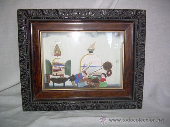 Antig&uuml;edades: ANTIGUO CUADRO CON FIGURAS Y RELIEVE EN FORMA DE CAJA CON CRISTAL, MOTIVO COSTUMBRISTA  PESCADORES