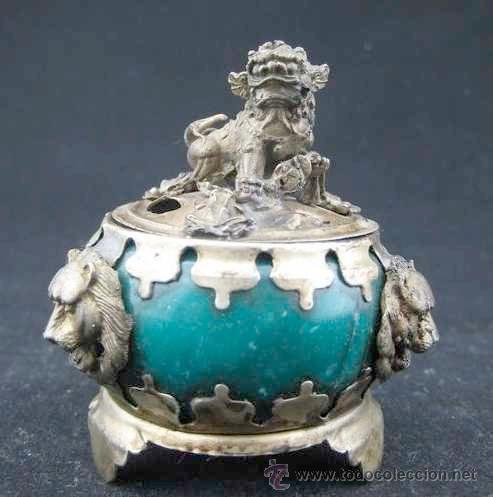Antiques: DECORACION : INCIENSERO DE JADE VERDE, PLATA TIBETANA Y KIRIN
