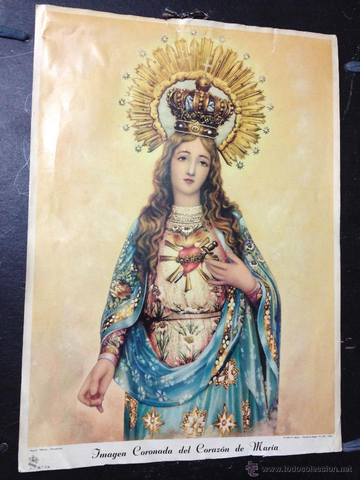Antig&uuml;edades: Lamina Imagen Coronada del Coraz&oacute;n de Mar&iacute;a - A&ntilde;o 1964 - Mide 24 x 34 cm