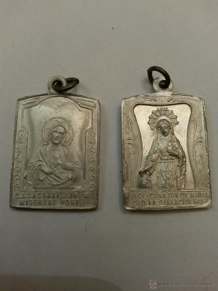 Antig&uuml;edades: Medalla 2 corazon de maria y corazon de jesus 3,5 x 2,5 cms. - Foto 1