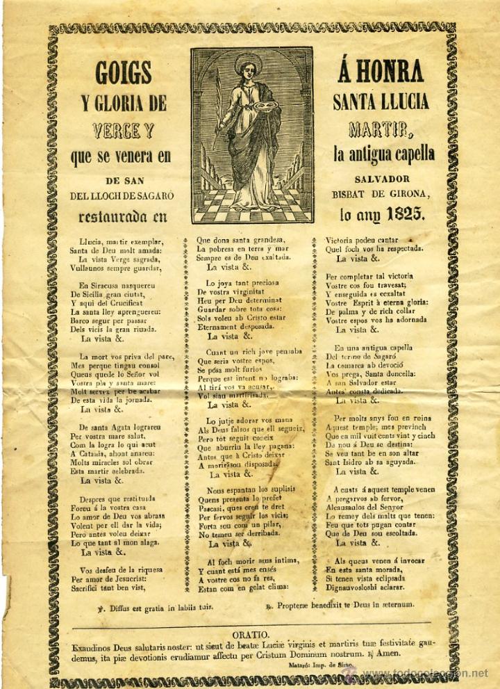 Antig&uuml;edades: Pareja de Goigs a honra y gloria de santa llucia verge y martir a&ntilde;o 1823