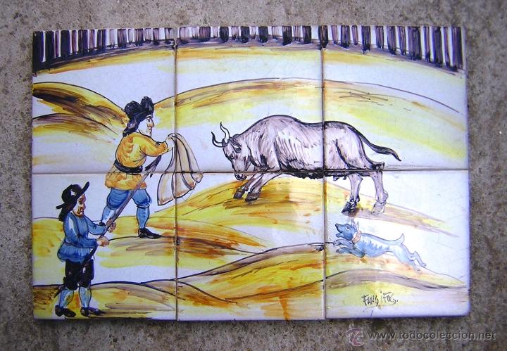 Antig&uuml;edades: ** ANTIGUA COMPOSICI&Oacute;N DE AZULEJOS CON ESCENA DE TOROS ** - Foto 1
