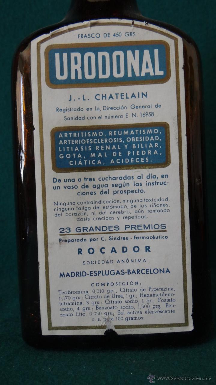 Antigüedades: URODONAL - ANTIGUO FRASCO DE FARMACIA - ROCADOR - CHATELAIN. MADRD. ESPLUGAS. BARCELONA. - Foto 2 - 44578990