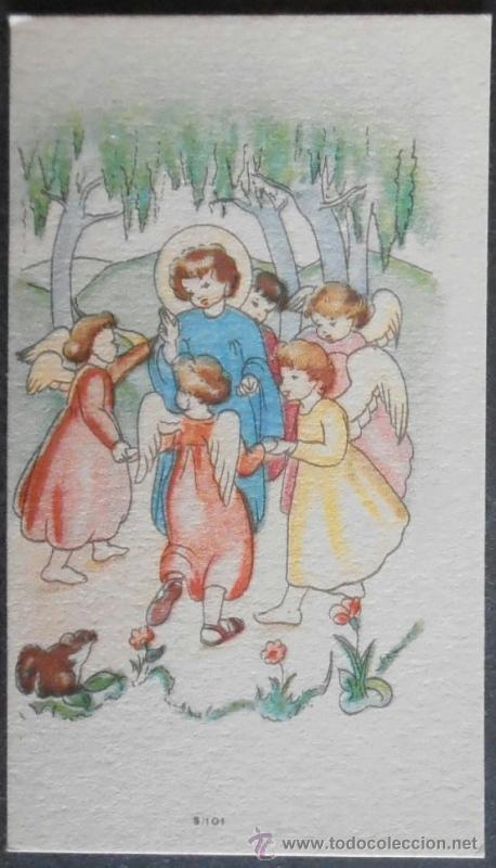 Antiques: (0094R)ESTAMPA 9X5 CM APROX,NI&Ntilde;OS Y ANGEL,CONSERVACION: